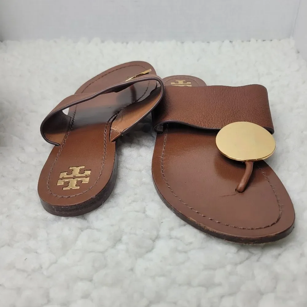 Tory Burch Patos Disk Womens Flip Flops Sandals Size 8.5 Brown Leather